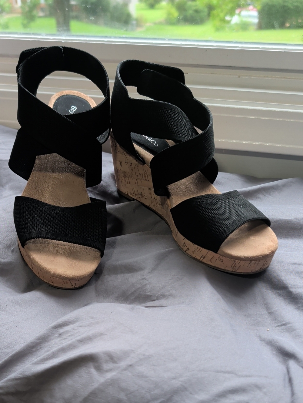 Style & Co. Black Elastic Strap Cork Wedge Sandals